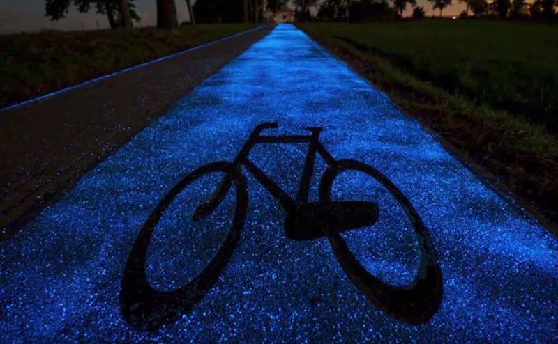 glowing blue bike lane 