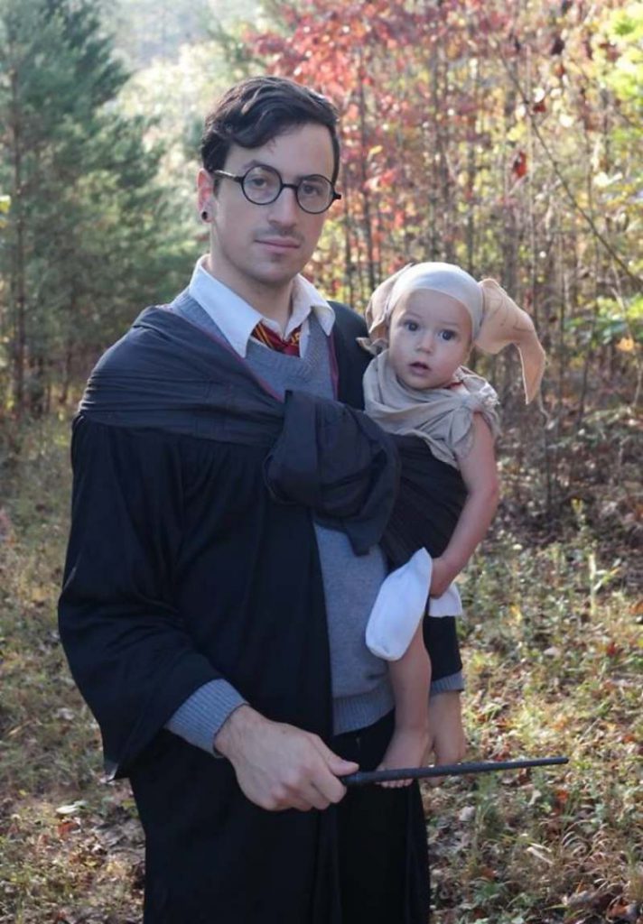 Harry Potter and Dobby as a Halloween costume for parents that are using baby carriers