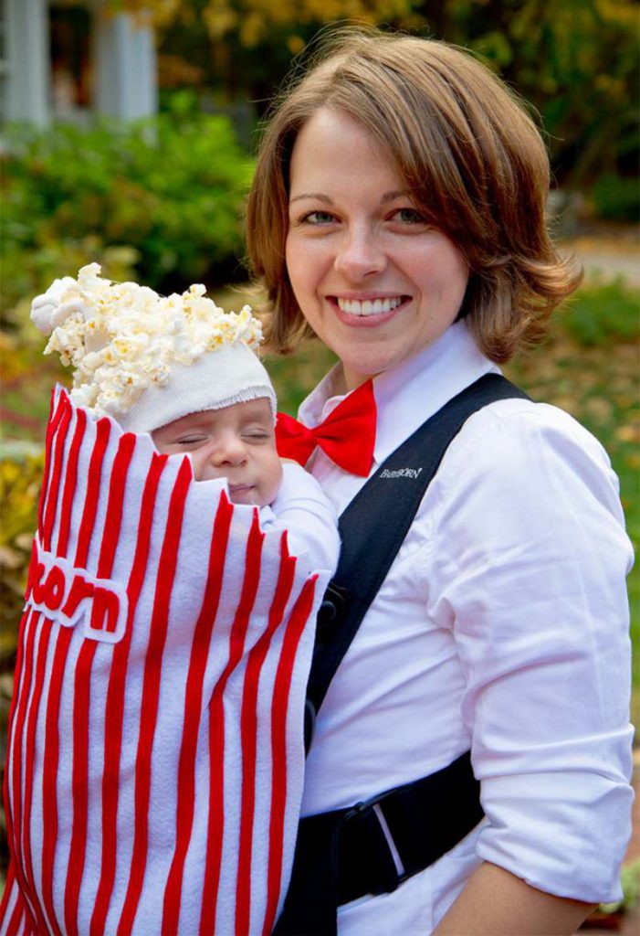 popcorn as a halloween costume for parents who are using baby carriers