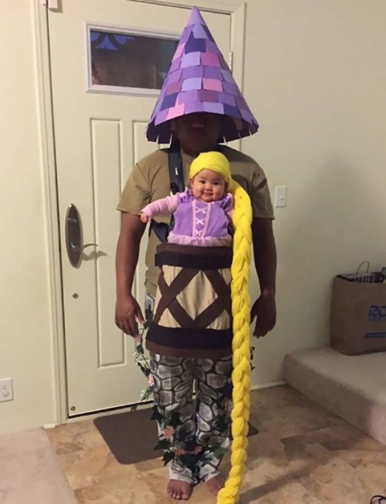 Rapunzel and the tower she lived in as a halloween costume for parents
