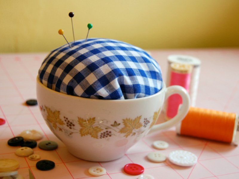 Cute cup made into pin cushion, Old Kitchen utensils 