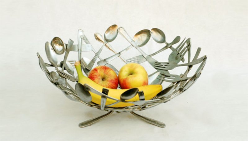 Old kitchen utensils made into a fruit bowl
