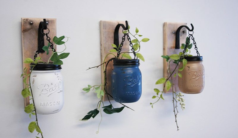 Hanging plants in mason jars