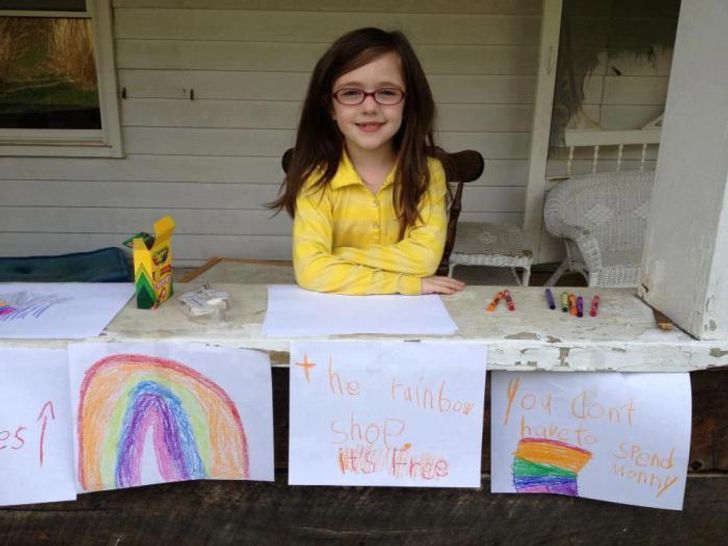 This girl draws pictures of rainbows and gives them to those who make her feel good