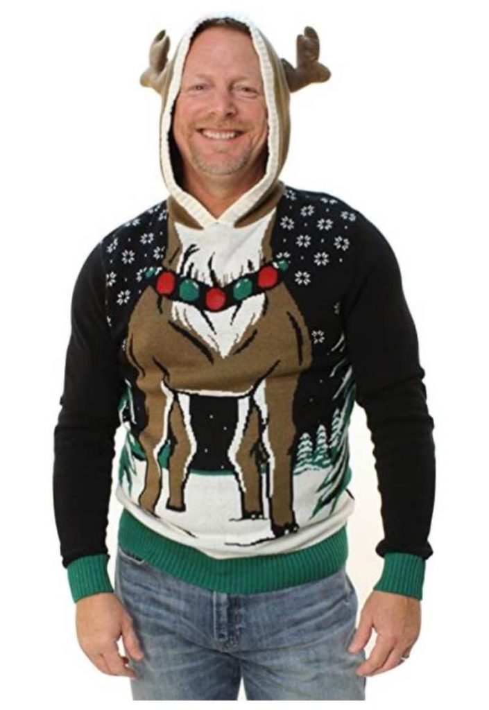 Christmas Men's Sweater Reindeer Hooded Light Up Pullover