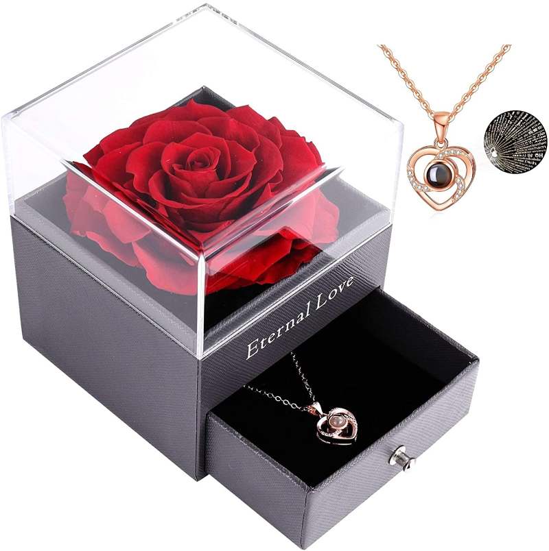 Preserved Real Rose with Love You Necklace , Christmas gift ideas for her 