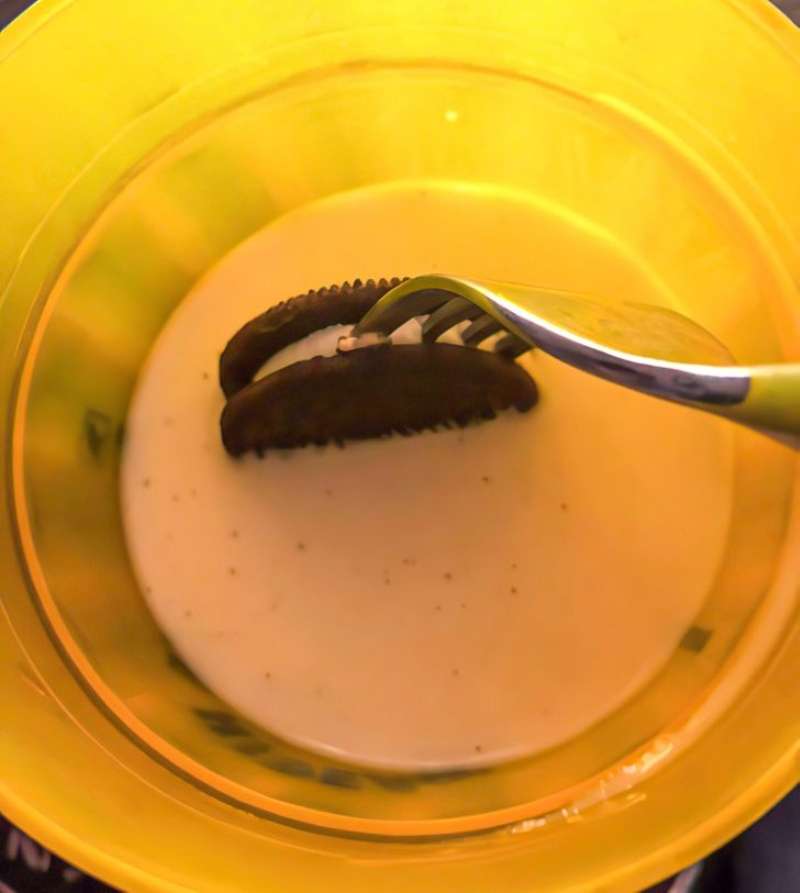 Dipping oreo in the milk with a fork