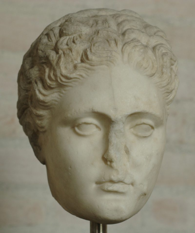Greek marble head of the poet Sappho currently held in the Glyptothek in Munich, with a missing nose