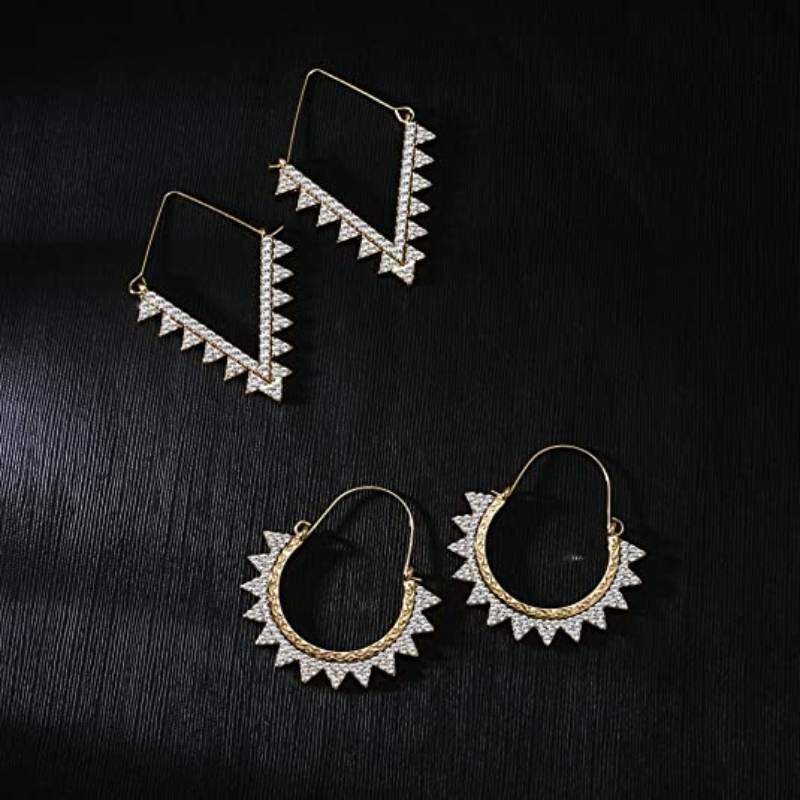 Rhinestone Hoop Earrings Hypoallergenic Geometric Filigree Huggie Bamboo Loop Earrings for Women