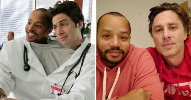 Zach Braff and Donald Faison on the set of Scrubs and in 2019, celebrity friendships