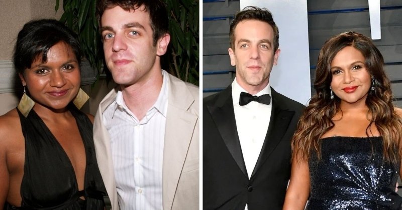 Mindy Kaling and B.J. Novak in 2005 and in 2020