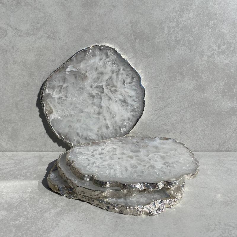 Agate Luxury Coasters - Crystal White with Silver Edge