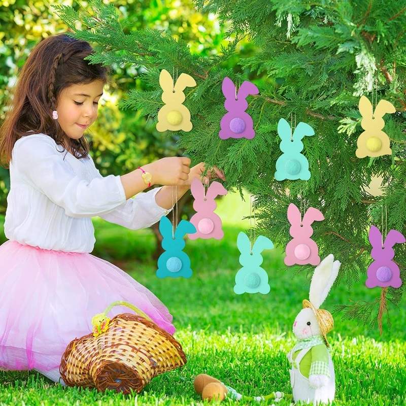 Wood Bunny Cutouts With Colorful Felt Balls