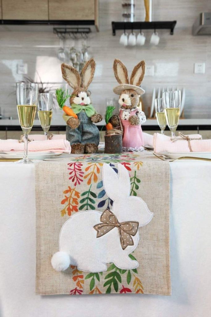 Spring Embroidered Easter Bunny Egg Floral Table Cloth Runner 15x53" Rabbit 6709 
