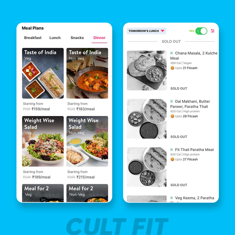 Cult Fit app's Meals Plan page