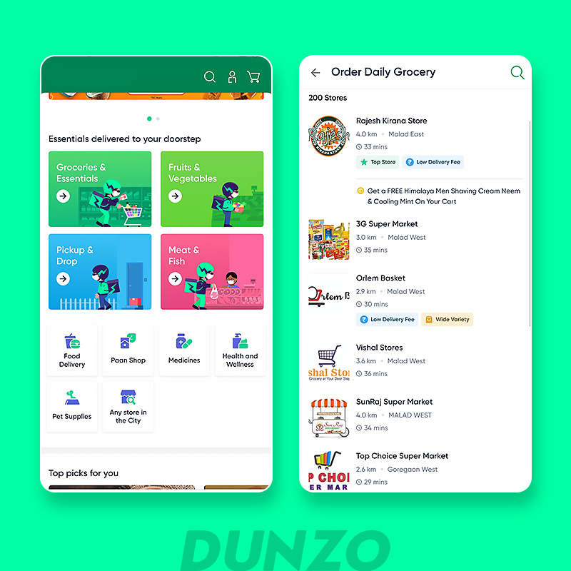 Dunzo's Essential and grocery page