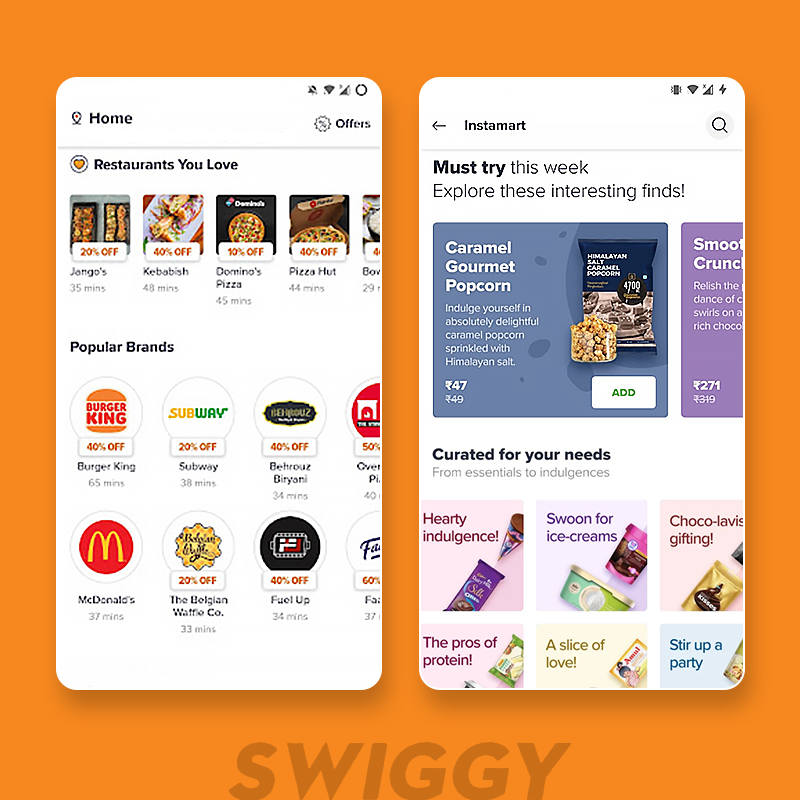 Swiggy, the most recommended food delivery app's home page and features