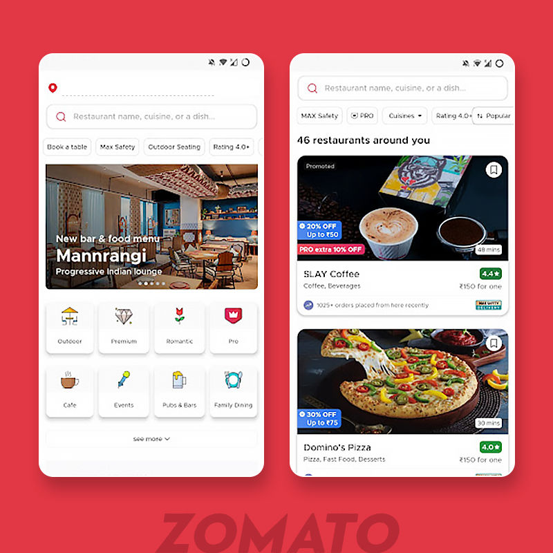 Zomato, a food delivery application's home and features page