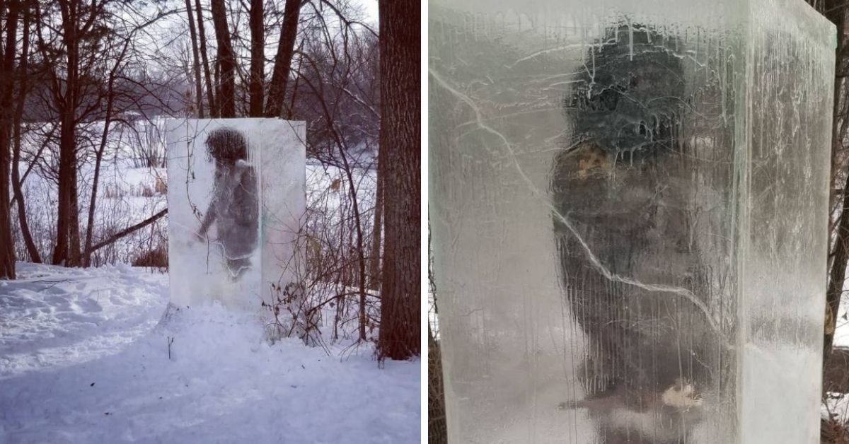 Icy Sculpture With A Frozen Cavemen Appears In A Minneapolis Park